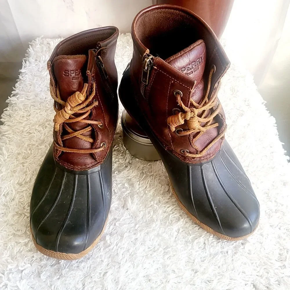 Sperry leather trim duck boots hunter green and brown